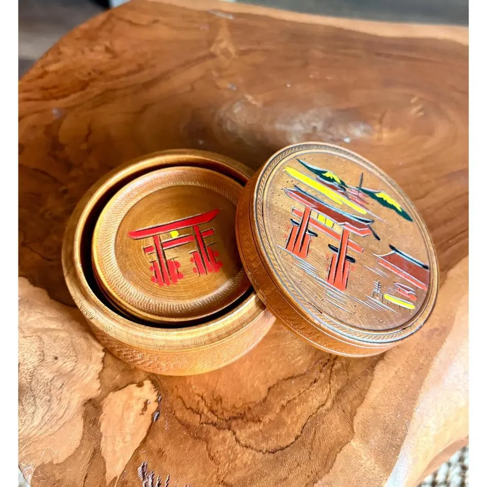 Vintage Japanese Wooden Coaster Set of 8 with Box | Made in Japan